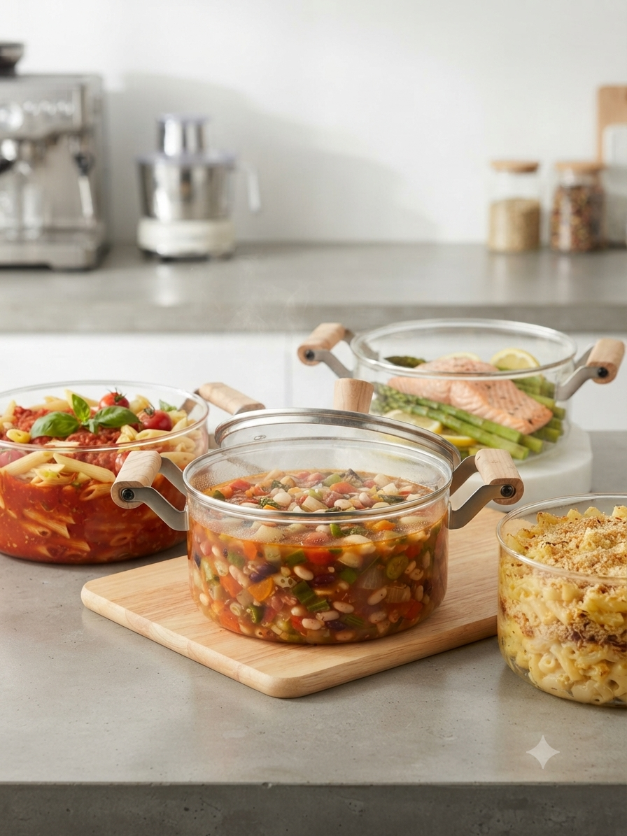 Clear Borosilicate Glass Saucepan with Lid & Wooden Handle