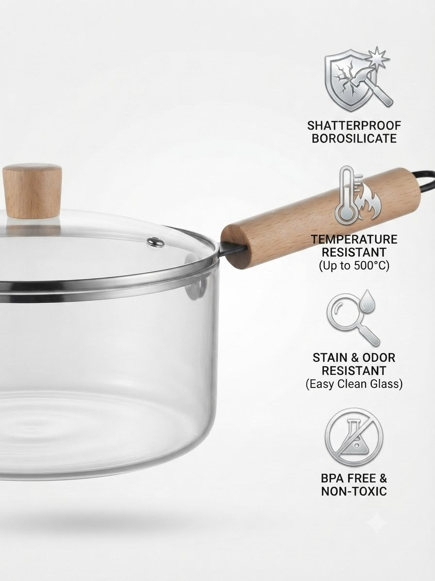 2.5 L Clear Borosilicate Glass Saucepan with Lid & Wooden Handle, 20cm