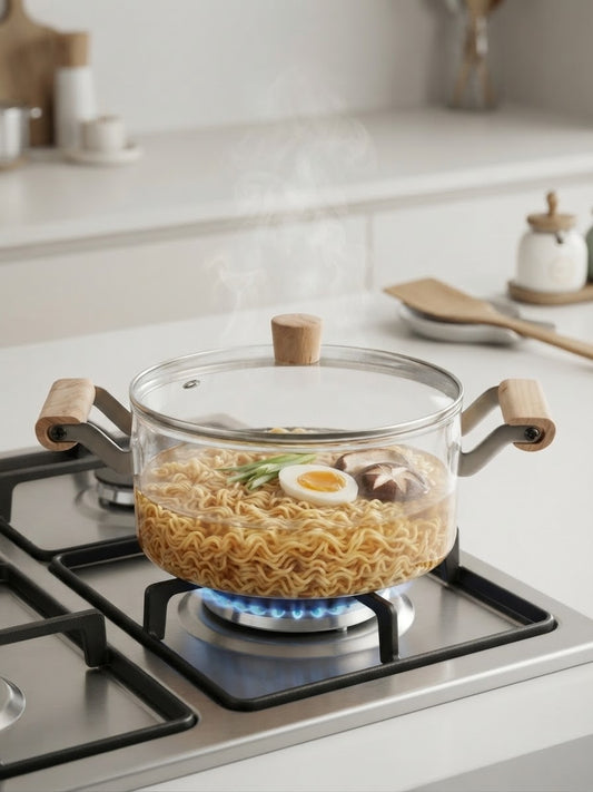 Clear Borosilicate Glass Saucepan with Lid & Wooden Handle