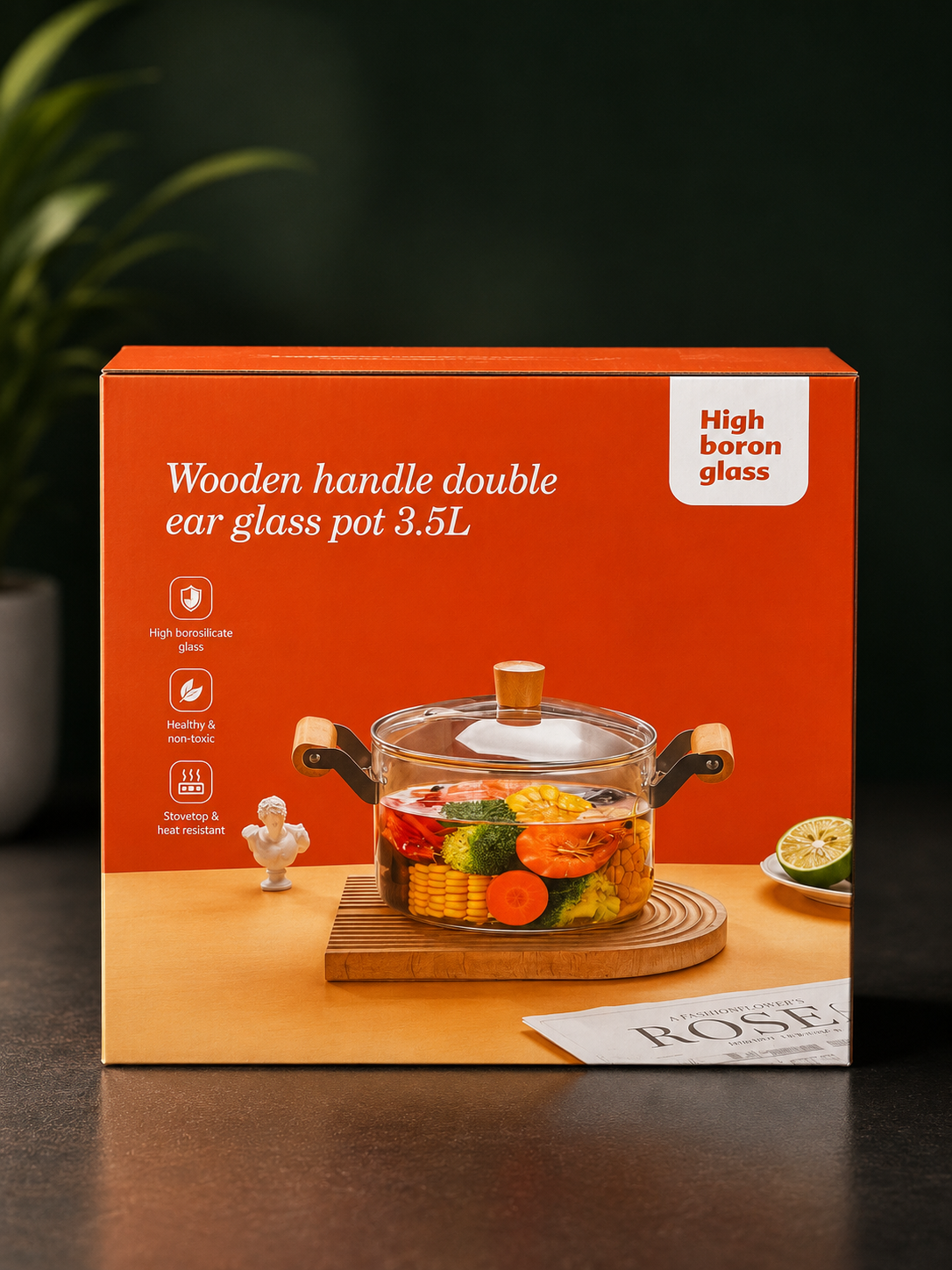 3.5L High Borosilicate Glass Cooking Pot with Wooden Handles