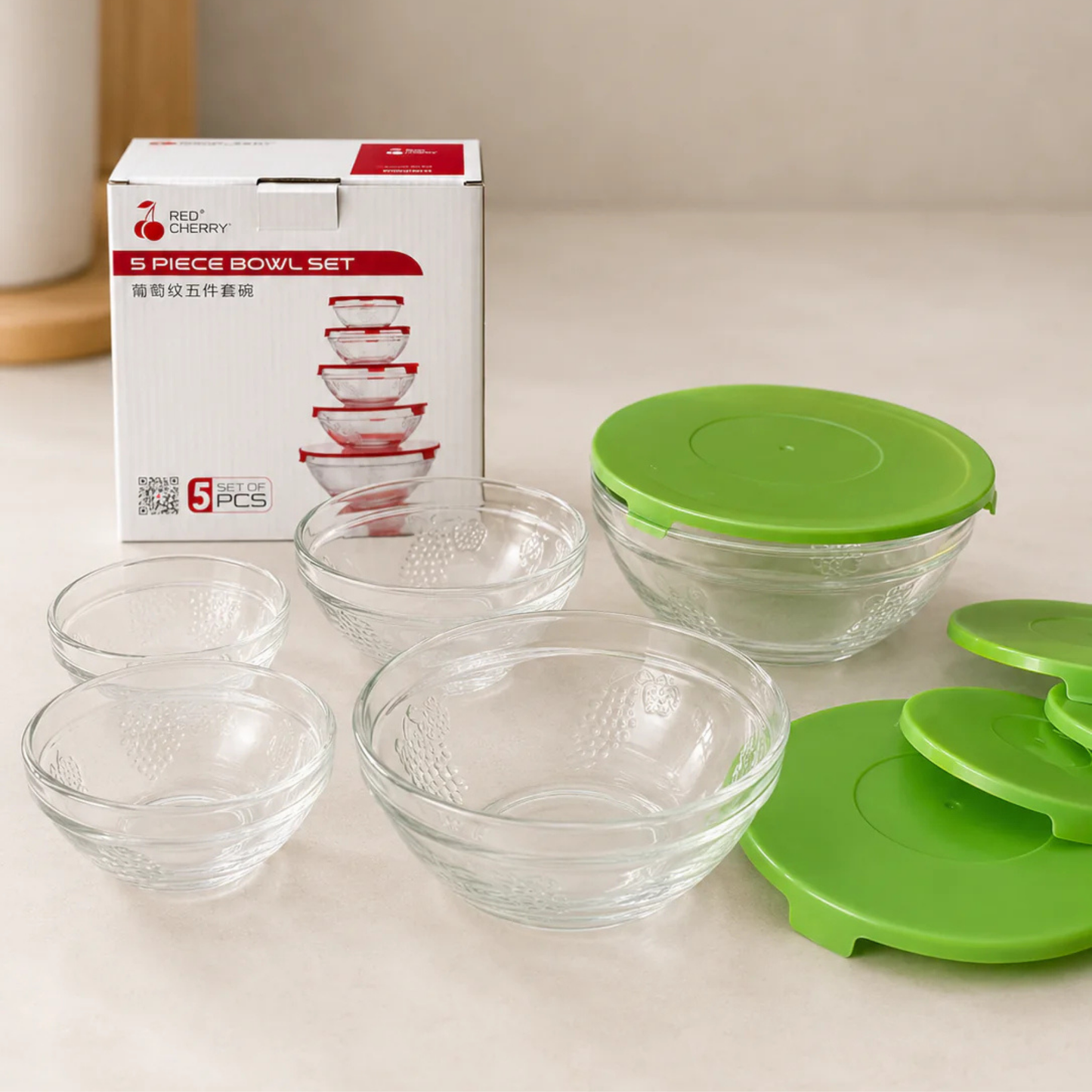5 Piece Glass Bowl Set with Lids – Food Storage & Serving Set
