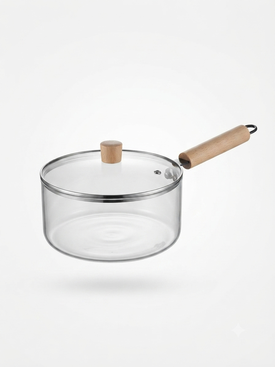 2.5 L Clear Borosilicate Glass Saucepan with Lid & Wooden Handle, 20cm