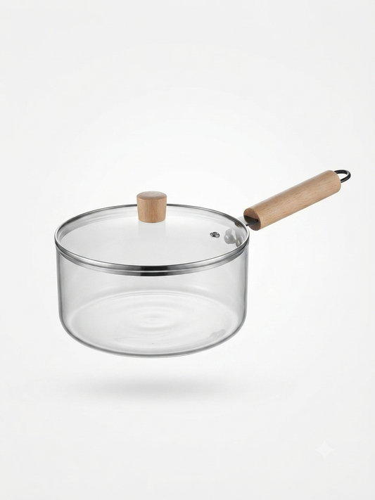2.5 L Clear Borosilicate Glass Saucepan with Lid & Wooden Handle, 20cm