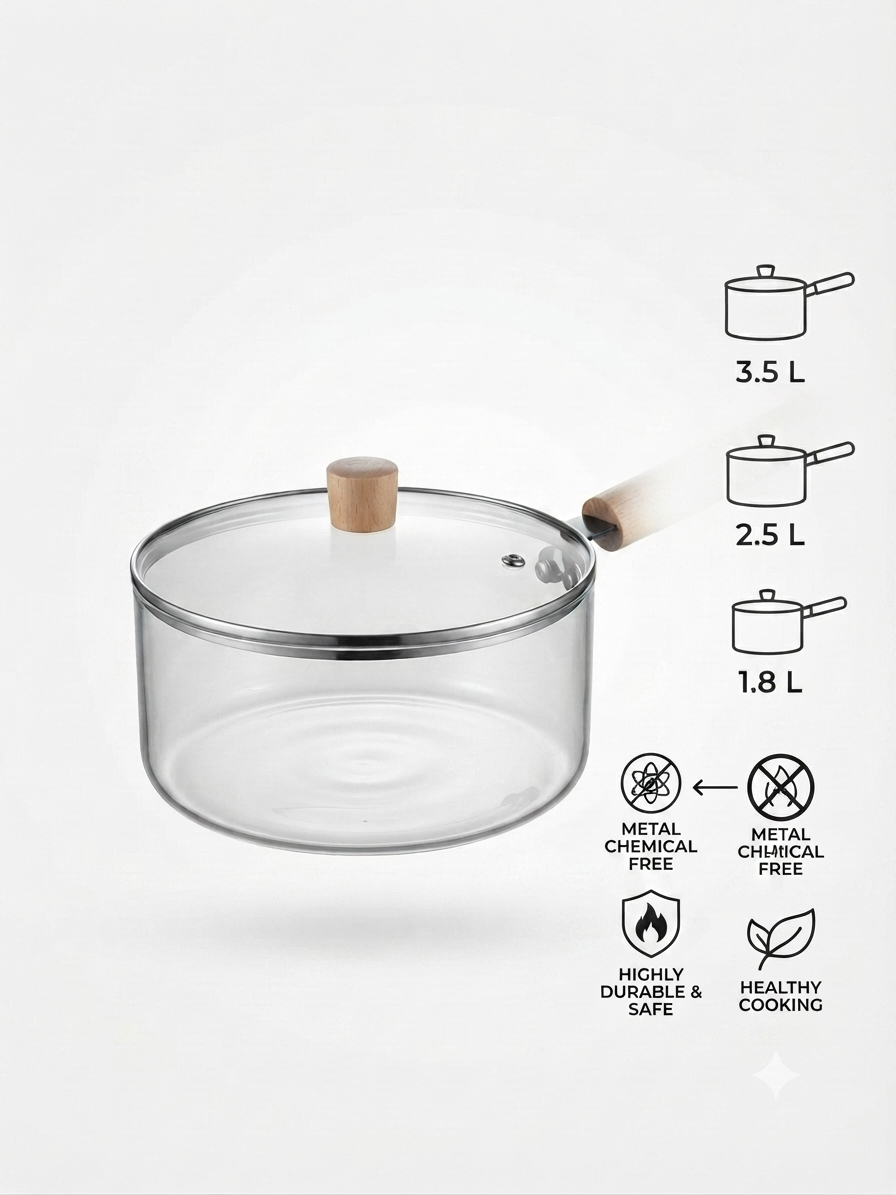 2.5 L Clear Borosilicate Glass Saucepan with Lid & Wooden Handle, 20cm