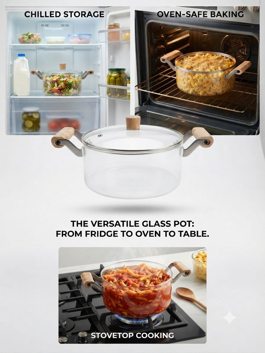 Clear Borosilicate Glass Saucepan with Lid & Wooden Handle