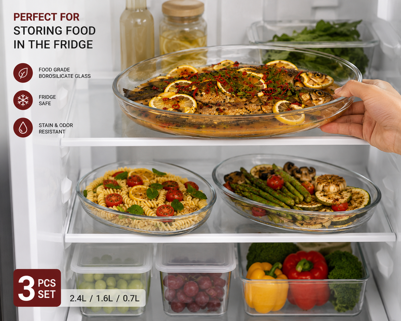 Borosilicate Glass Baking Tray Set – 3 Piece Oven Dish Set (2.4L / 1.6L / 0.7L)