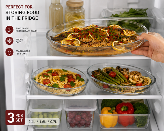 Borosilicate Glass Baking Tray Set – 3 Piece Oven Dish Set (2.4L / 1.6L / 0.7L)
