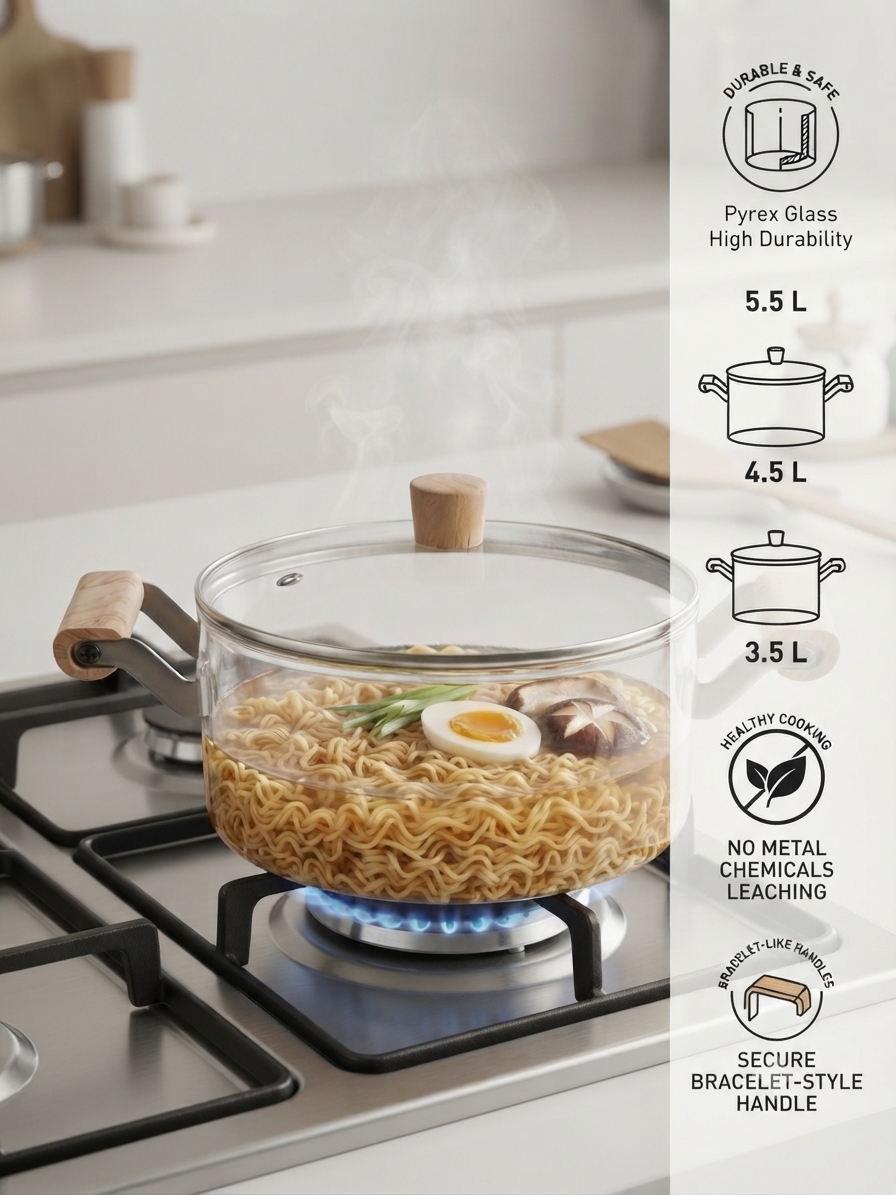 Clear Borosilicate Glass Saucepan with Lid & Wooden Handle