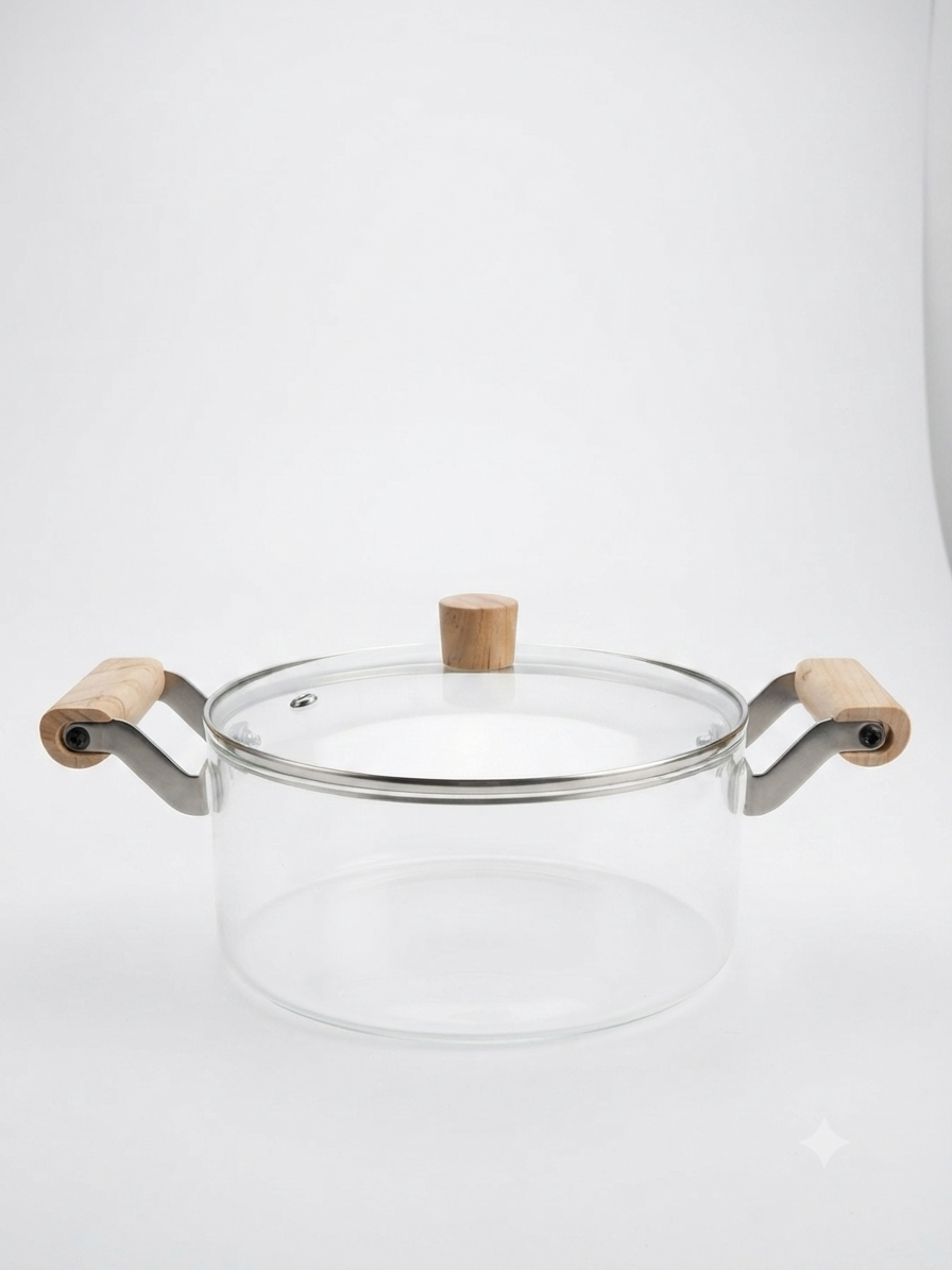 Clear Borosilicate Glass Saucepan with Lid & Wooden Handle