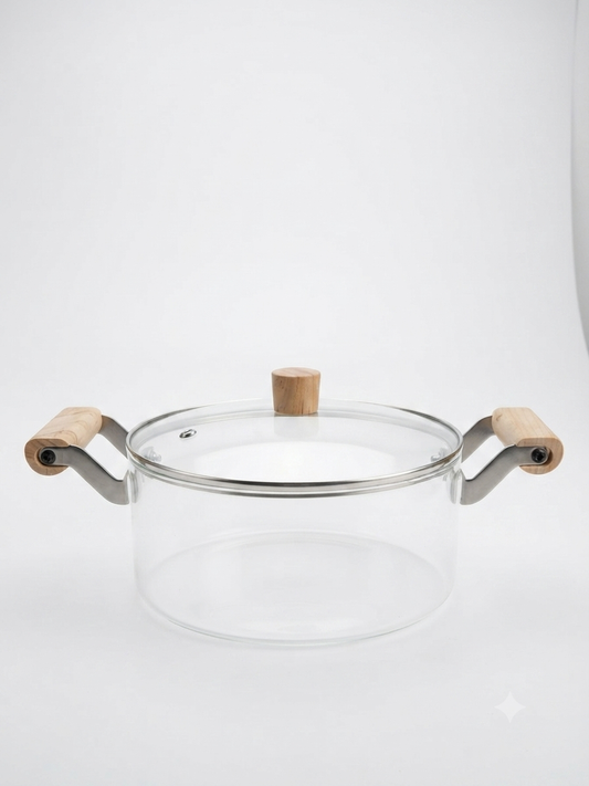 Clear Borosilicate Glass Saucepan with Lid & Wooden Handle
