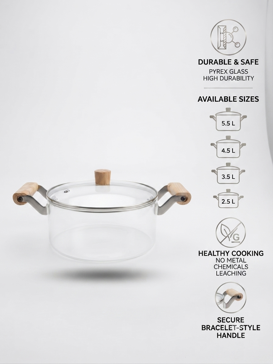 Clear Borosilicate Glass Saucepan with Lid & Wooden Handle