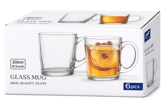 6 Piece Glass Mug Set – 300ml Clear Glass Coffee & Tea Cups