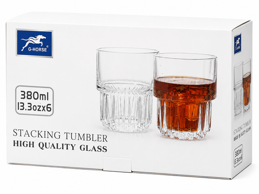 6 Piece Stacking Glass Tumbler Set – 380ml Premium Drinking Glasses