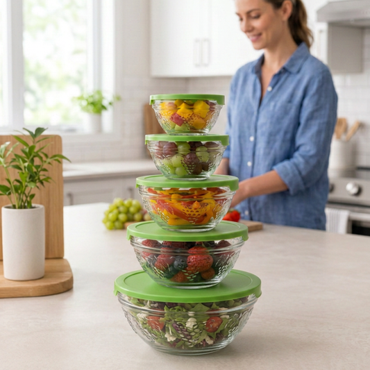 5 Piece Glass Bowl Set with Lids – Food Storage & Serving Set