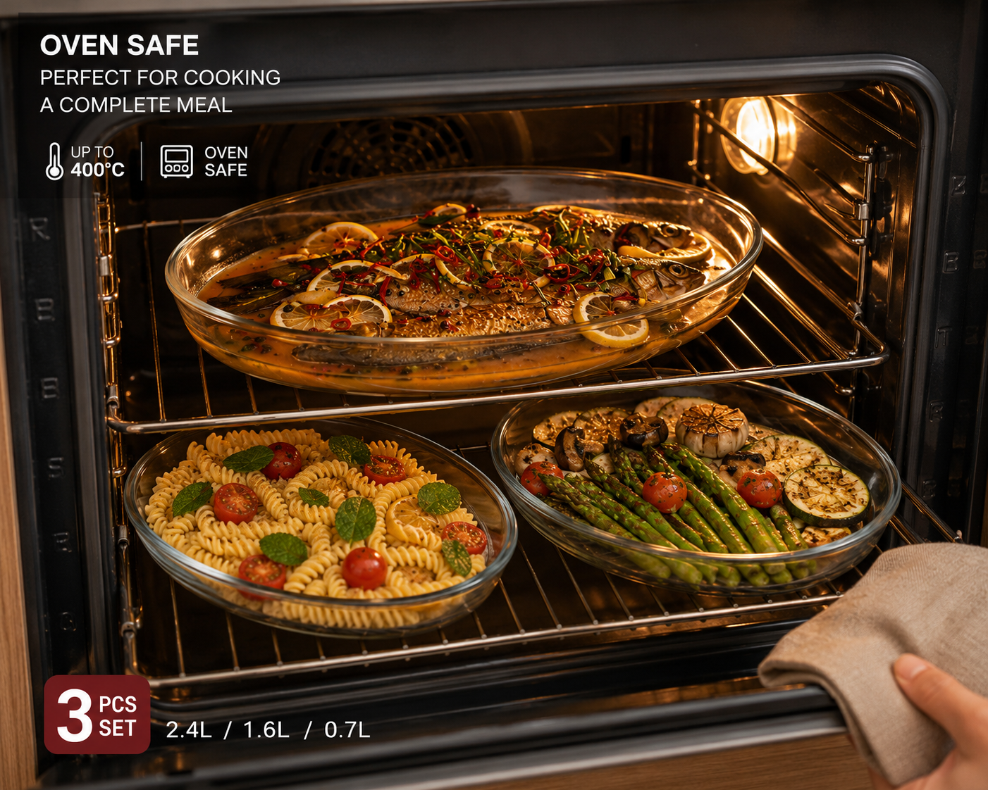 Borosilicate Glass Baking Tray Set – 3 Piece Oven Dish Set (2.4L / 1.6L / 0.7L)