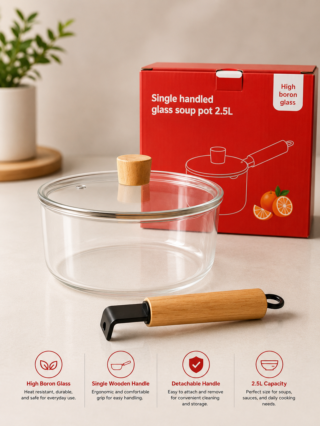 Single Handled Glass Soup Pot – 2.5L