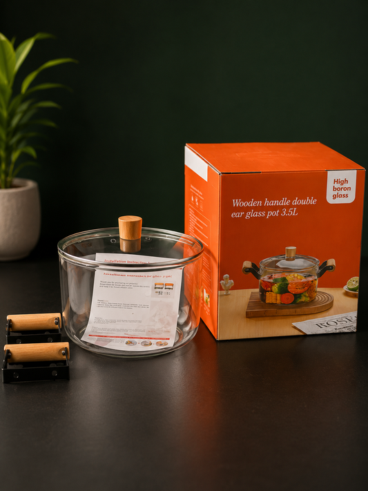 3.5L High Borosilicate Glass Cooking Pot with Wooden Handles
